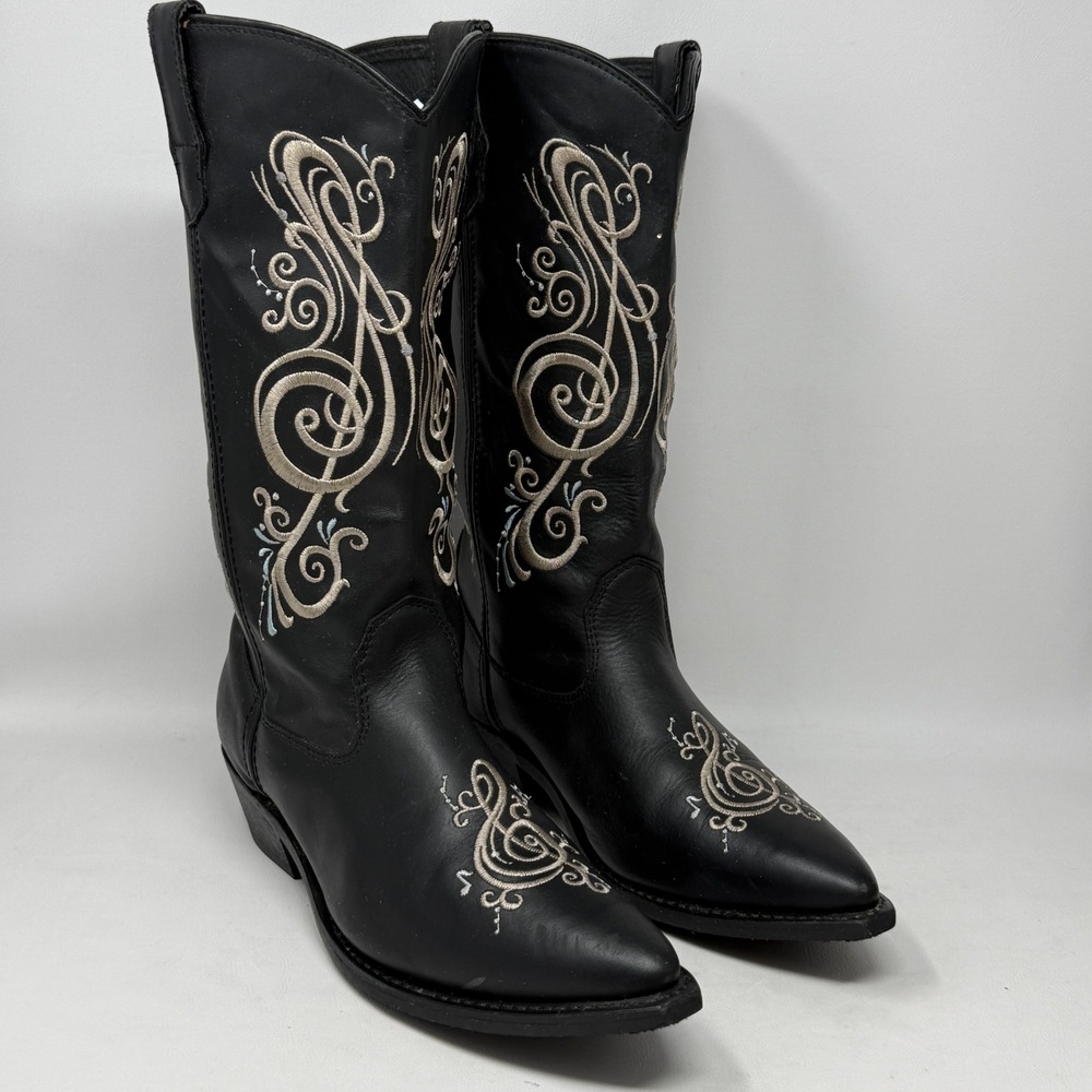 Black Womens Cowboy Cowgirl Boot Embroidery Leather 11 Western Rodeo Music Notes